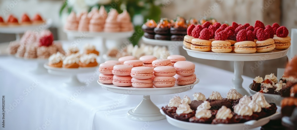 Elegant display of French macaroons and desserts at a wedding celebration showcasing a diverse candy bar against a white backdrop Elegant display of French macaroons and desserts at a wedding celebration showcasing a diverse candy bar against a white backdrop