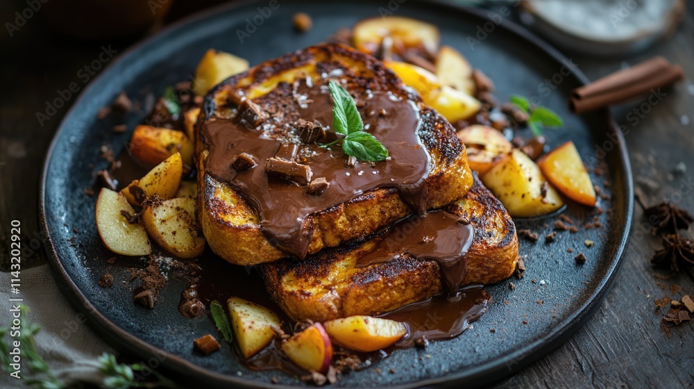 Delicious French toast topped with caramelized apples and rich chocolate cream served for a luxurious breakfast or brunch experience. Delicious French toast topped with caramelized apples and rich chocolate cream served for a luxurious breakfast or brunch experience.