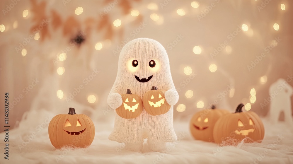 A sweetly crafted knit ghost doll positioned by jack o' lanterns and fallen leaves A sweetly crafted knit ghost doll positioned by jack o' lanterns and fallen leaves
