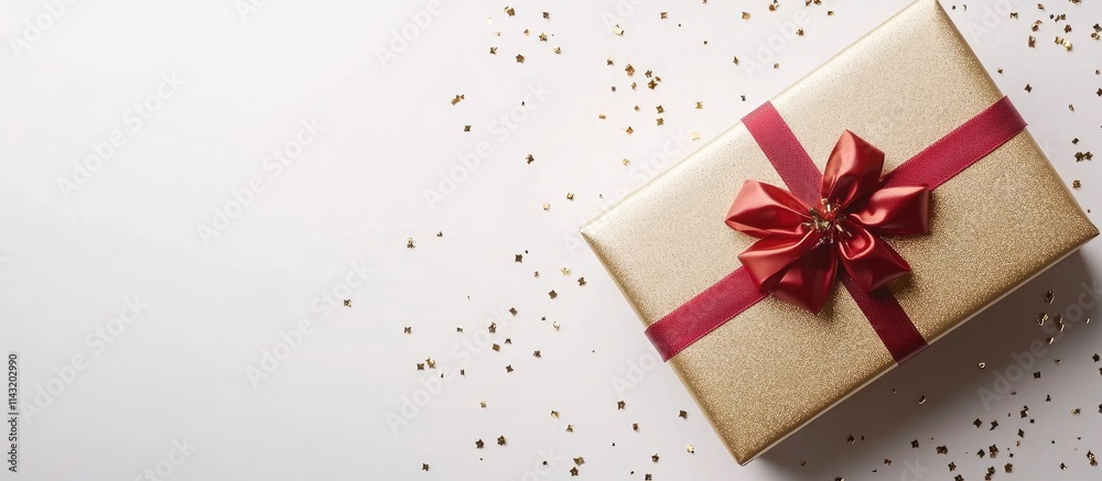Festive golden gift box with a red bow surrounded by gold confetti on a clean white background for holiday celebrations and gifting occasions. Festive golden gift box with a red bow surrounded by gold confetti on a clean white background for holiday celebrations and gifting occasions.