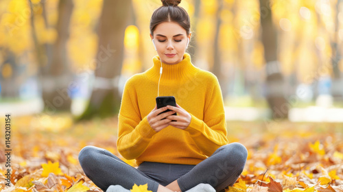 Energized fitness enthusiast enjoys a breather in the park, tracking workouts on her phone with music in her ears.
