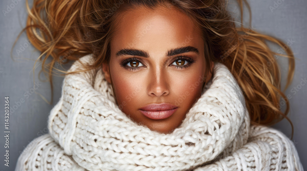 A serene portrait of a woman in a cozy white sweater against a soft gray backdrop, perfect for showcasing your message. A serene portrait of a woman in a cozy white sweater against a soft gray backdrop, perfect for showcasing your message.