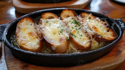 French onion soup served with toasted baguette slices topped with melted cheese in a rustic dish on a wooden table