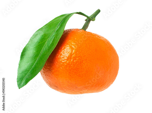 One tangerine with leaf on white background, ripe mandarin