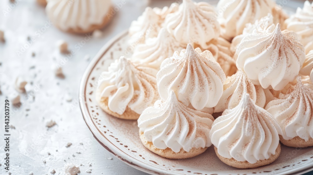 Delicate French meringue cookies beautifully arranged on a decorative plate with a soft focus background for an elegant dessert display Delicate French meringue cookies beautifully arranged on a decorative plate with a soft focus background for an elegant dessert display