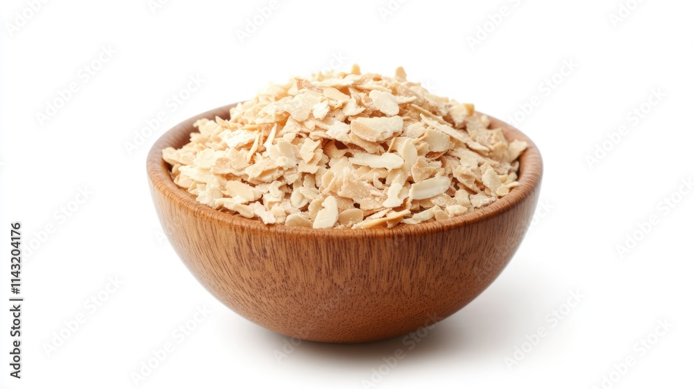 Almond flakes in a wooden bowl isolated on white background showcasing their texture and natural appearance for culinary use Almond flakes in a wooden bowl isolated on white background showcasing their texture and natural appearance for culinary use