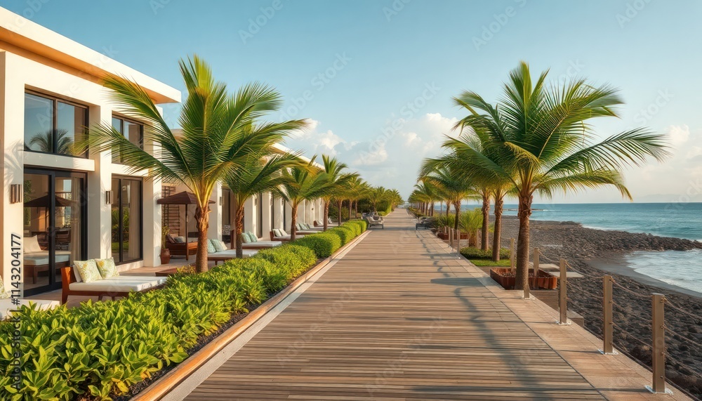 Serene eco resort by ocean. Modern buildings stand along wooden boardwalk. Greenery, palm trees line walkway. Beach near. Relaxation, vacation atmosphere. Sunlight on terrace, lounge chairs. Tourists Serene eco resort by ocean. Modern buildings stand along wooden boardwalk. Greenery, palm trees line walkway. Beach near. Relaxation, vacation atmosphere. Sunlight on terrace, lounge chairs. Tourists