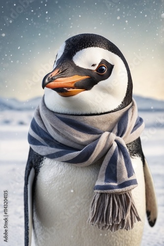 Charming Penguin Bundled in a Cute Scarf, Waddling Through a Frosty Arctic Scene with Ice and Snow, winter, christmas, holiday card photo