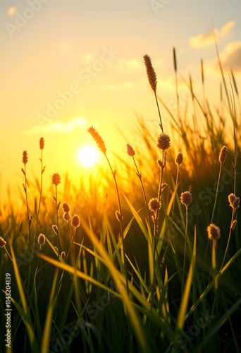Nice sunlight. Sunset and meadow close-up, plants in the yellow rays of the sun, clipart style, with white tones