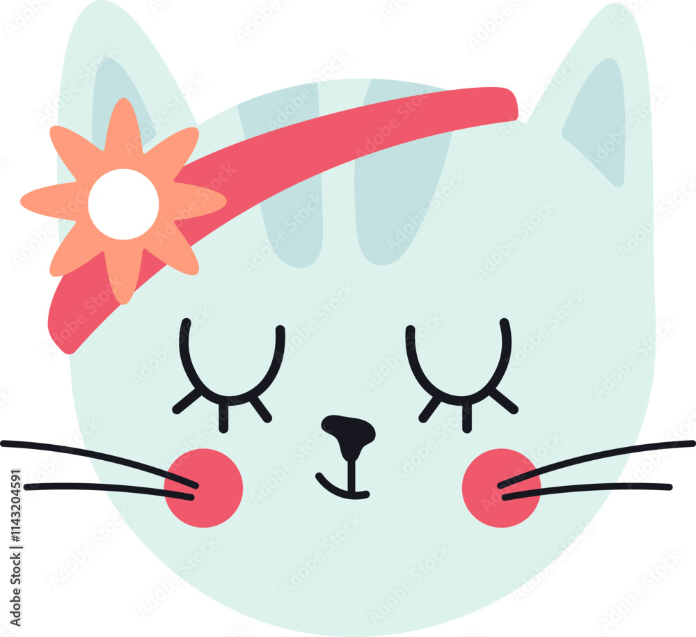 Adorable turquoise cat face with closed eyes, wearing a pink headband with an orange flower, showing whiskers and pink cheeks, perfect for children s designs Adorable turquoise cat face with closed eyes, wearing a pink headband with an orange flower, showing whiskers and pink cheeks, perfect for children s designs