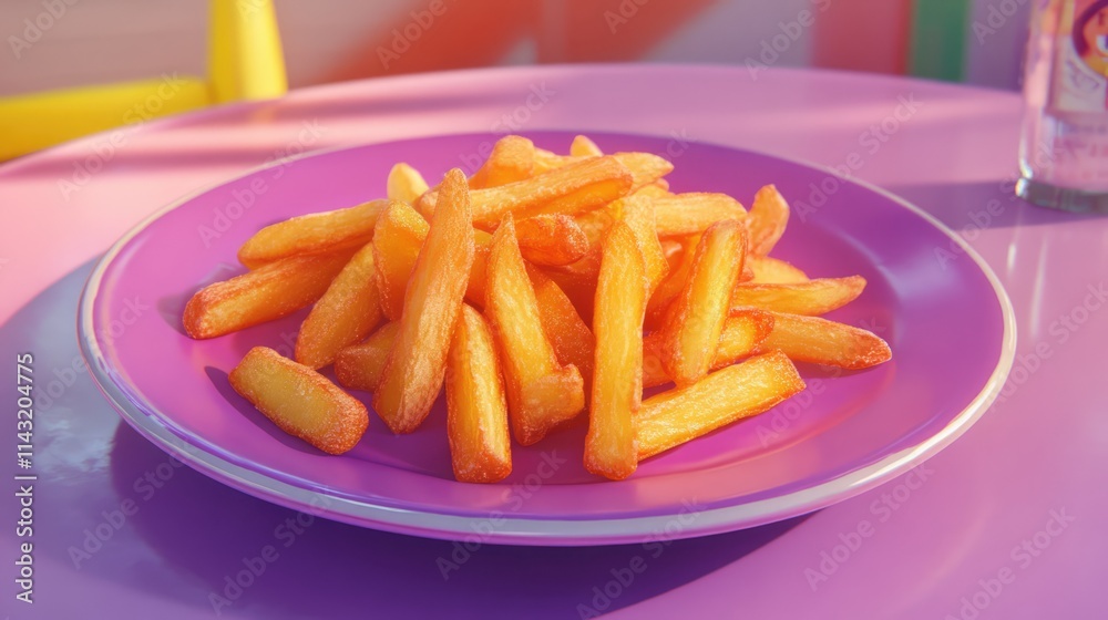 Freshly cooked golden french fries arranged on a vibrant purple plate against a colorful background. Freshly cooked golden french fries arranged on a vibrant purple plate against a colorful background.
