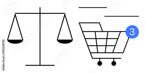 Justice scale next to a shopping cart featuring a notification badge with number three. Ideal for e-commerce, online shopping, legal issues, consumer rights, digital transactions, marketing