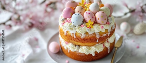 Easter themed cake adorned with pastel eggs and floral decor perfect for festive tea celebrations photo