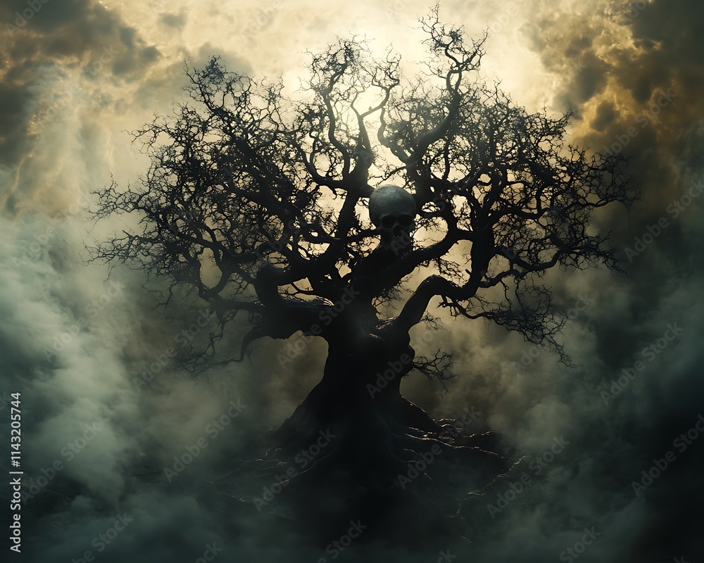 A skull rests within a gnarled dead tree A skull rests within a gnarled dead tree