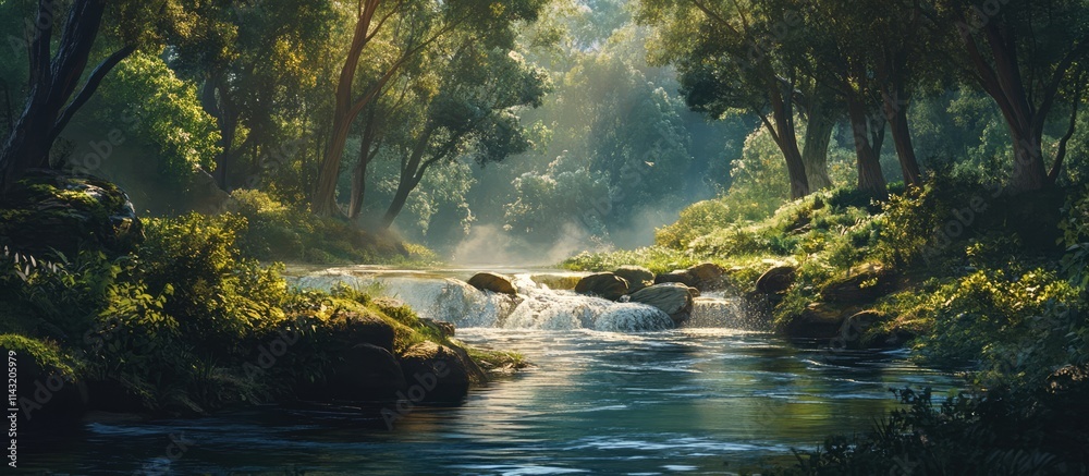 Serene freshwater stream winding through vibrant green forest landscape promoting tranquility and natural beauty in a peaceful environment Serene freshwater stream winding through vibrant green forest landscape promoting tranquility and natural beauty in a peaceful environment