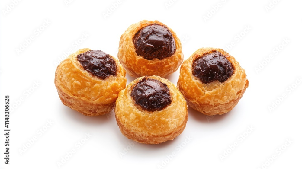 French cream puffs with chocolate filling on a white background Delicious traditional pastry balls in a fresh golden crust French cream puffs with chocolate filling on a white background Delicious traditional pastry balls in a fresh golden crust