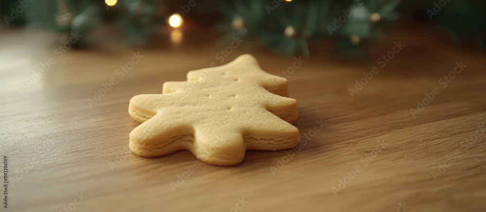 Festive Cookie Shaped Like a Pine Tree on Wooden Table with Holiday Decor Elements Festive Cookie Shaped Like a Pine Tree on Wooden Table with Holiday Decor Elements