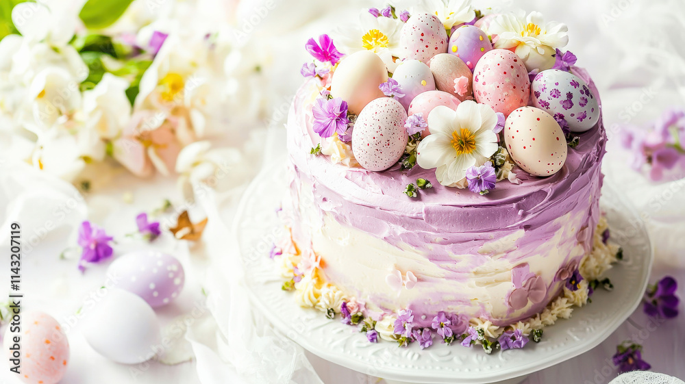 A charming Easter cake adorned with edible flowers, pastel icing, and chocolate eggs, creating an elegant and festive look.
A charming Easter cake adorned with edible flowers, pastel icing, and chocolate eggs, creating an elegant and festive look.