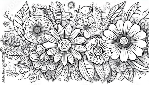 Wallpaper Mural Doodle floral drawing. Art therapy coloring page. Generated image Torontodigital.ca