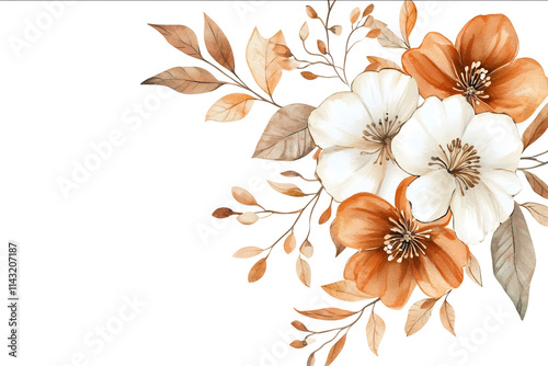 delicate Watercolor corner floral bouquet featuring orange and white flowers with leaves and beigebrown accents in an autumnal theme on a plain white background clipar photo