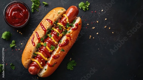 French hot dog topped with mustard and ketchup served with fresh herbs on a dark background ideal for food promotions and culinary articles photo