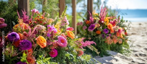 vibrant floral arrangements by the beach showcasing colorful blooms in a serene seaside park setting with ocean view