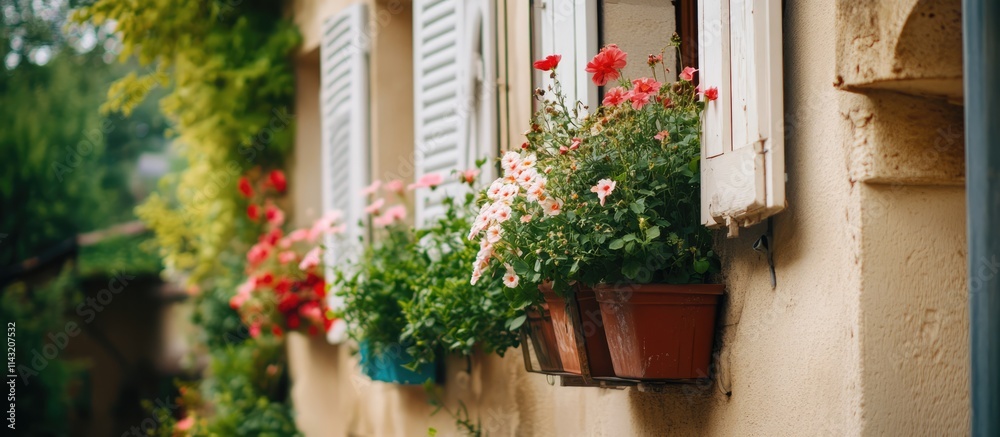 Charming village house with colorful flower boxes beneath white shutters enhancing the picturesque street view. Charming village house with colorful flower boxes beneath white shutters enhancing the picturesque street view.