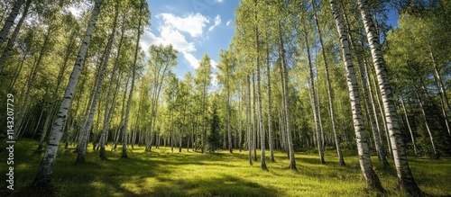 Scenic view of a lush birch tree forest with sunlight filtering through foliage and a vibrant green lawn amidst tall trees.