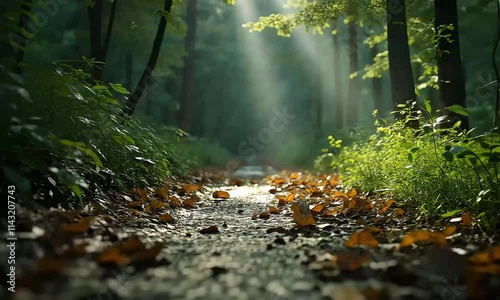 video of a forest path illuminated by soft, dappled sunlight filtering through the trees