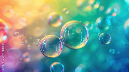 Delight in the whimsical dance of colorful bubbles on a vibrant rainbow canvas, a serene bokehfilled experience awaits. photo