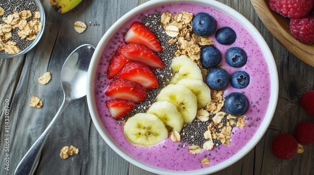 Delicious Berry Smoothie Bowl with Strawberries, Bananas, and Toppings