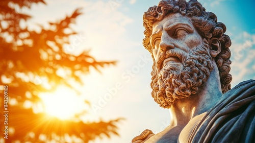 The clear sky serves as a backdrop for a marble statue of an ancient bearded man with flowing hair