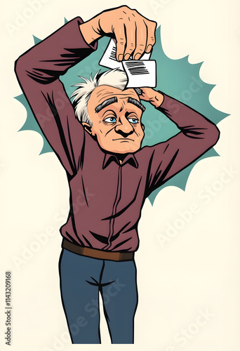 A senior man holding his head trying to cope the raising cost of energy and tax bills, pop art, with white tones