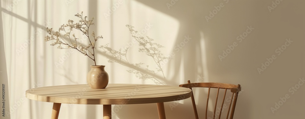 Elegant minimalist interior with wooden table, vase, and branches. Simple, peaceful ambiance Elegant minimalist interior with wooden table, vase, and branches. Simple, peaceful ambiance