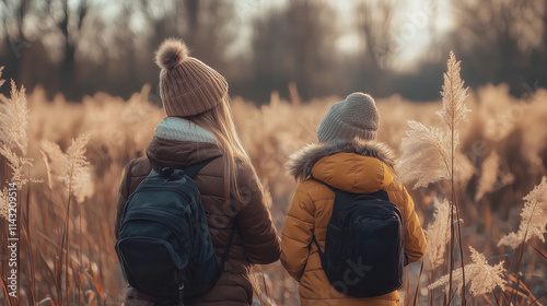 Obraz na płótnie A mother and her daughter are walking through a forest, engaging in an adventure and exploration that highlights outdoor activities and sustainable tourism in nature w salonie