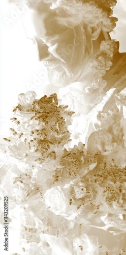 Beekeeper in protective clothing surrounded by a cloud of bees in a golden shimmer