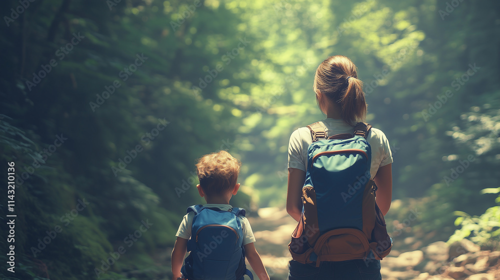 A mother and her son are walking through a forest, engaging in adventure and exploration that emphasizes outdoor activities and sustainable tourism in nature