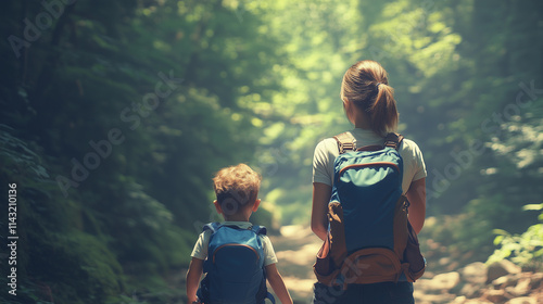 Obraz na płótnie A mother and her son are walking through a forest, engaging in adventure and exploration that emphasizes outdoor activities and sustainable tourism in nature w salonie