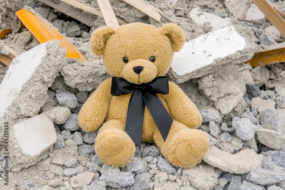 On a rocky ground, a plush bear dons a black bow tie, sitting comfortably. On a rocky ground, a plush bear dons a black bow tie, sitting comfortably.