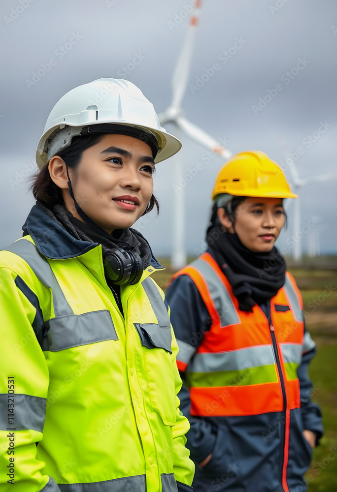 Two engineers wearing uniform and safety helmet work in wind turbine farm. Asian people engineers working at renewable energy farm, outdoor, studio lighting, with white tones