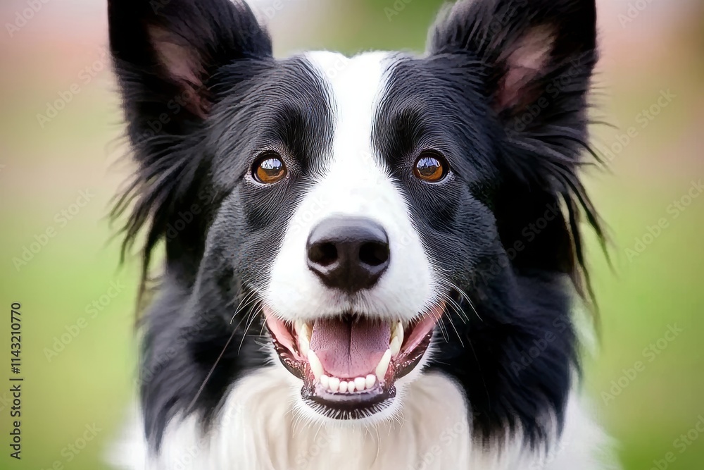 A happy black and white border collie dog frolics in the park, the surrounding area subtly out of focus. A happy black and white border collie dog frolics in the park, the surrounding area subtly out of focus.