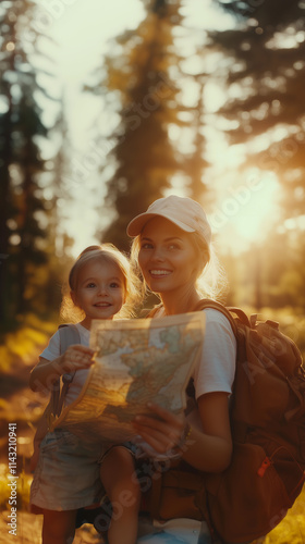 A mother and her daughter are walking through a forest with a map, engaging in adventure and exploration that promotes outdoor activities and sustainable tourism in nature
