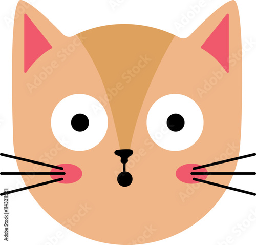 Cartoon illustration of a surprised cat face with wide open eyes, pink cheeks and nose, and long whiskers, conveying a sense of astonishment and wonder