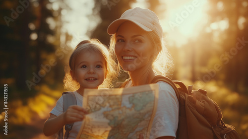 A mother and her daughter are walking through a forest with a map, engaging in adventure and exploration that promotes outdoor activities and sustainable tourism in nature