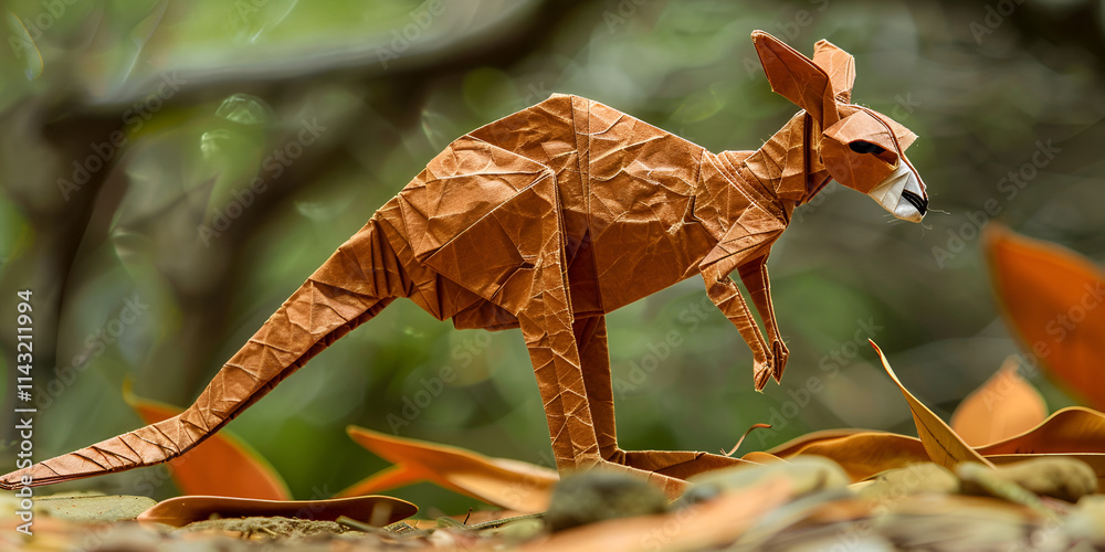 Fototapeta premium Origami kangaroo in a natural forest setting, Close-up of a brown paper kangaroo sculpture in nature 