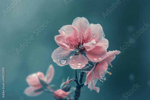 Beautiful pink flower with water droplets is blooming on a branch with a blurred blue green background photo