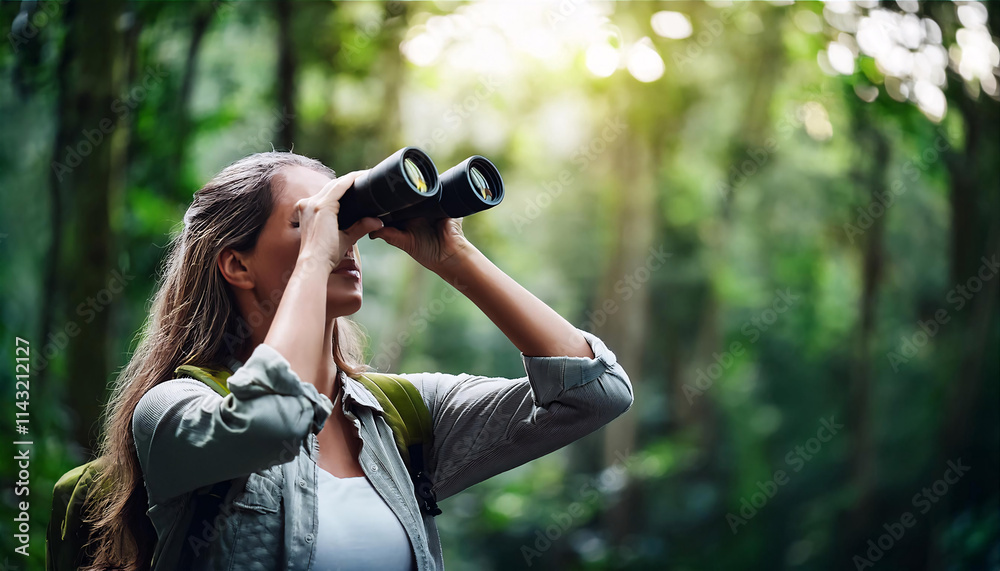 A woman in a forest is looking through binoculars A woman in a forest is looking through binoculars