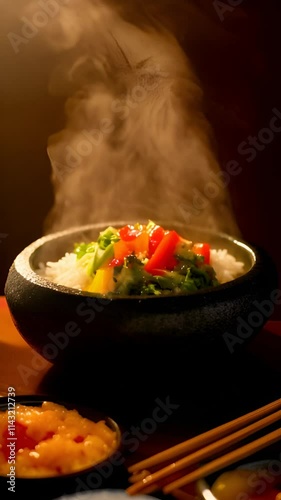 sizzling stone bowl bibimbap with steam rising, surrounded by condiments photo