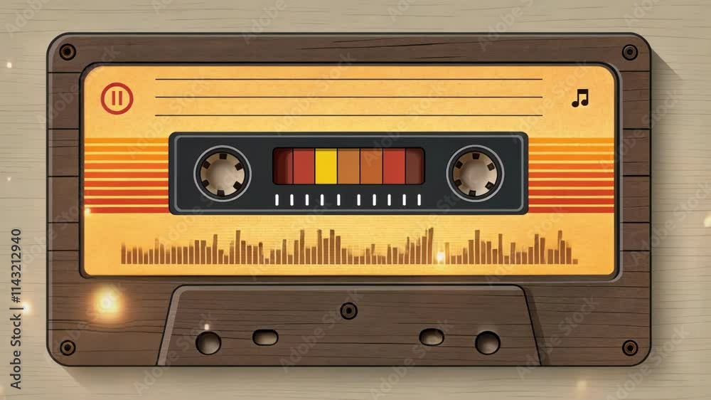 Classic Tape Deck A digital display resembling a vintage tape player with warm orange and yellow equalizer bars bouncing up and down framed by a simple wood grain texture. Tiny