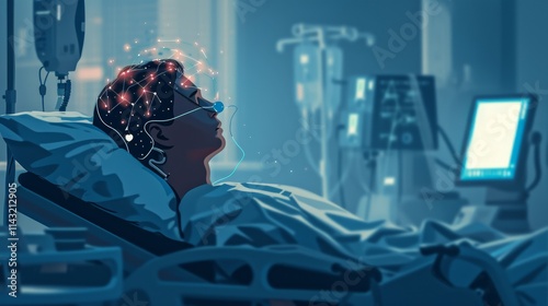 Obraz na płótnie A conceptual illustration of a patient in a hospital bed with a glowing neural network, symbolizing AI integration in advanced healthcare. AI generated. w salonie